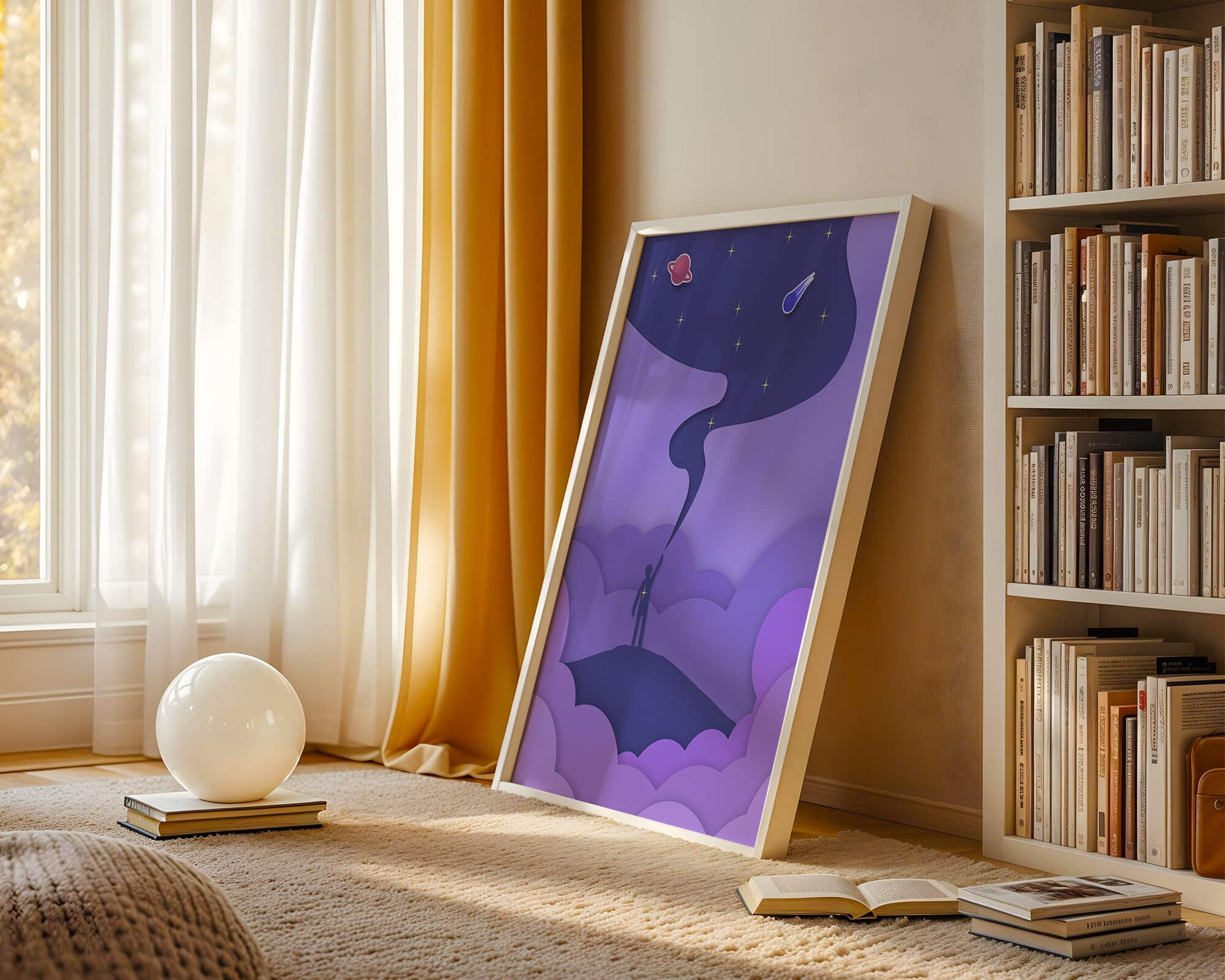 Silhouette in a cosmic landscape with stars and planets