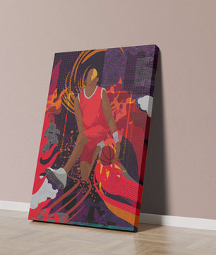 Ilustración dinámica de un jugador de baloncesto en movimiento con patrones abstractos