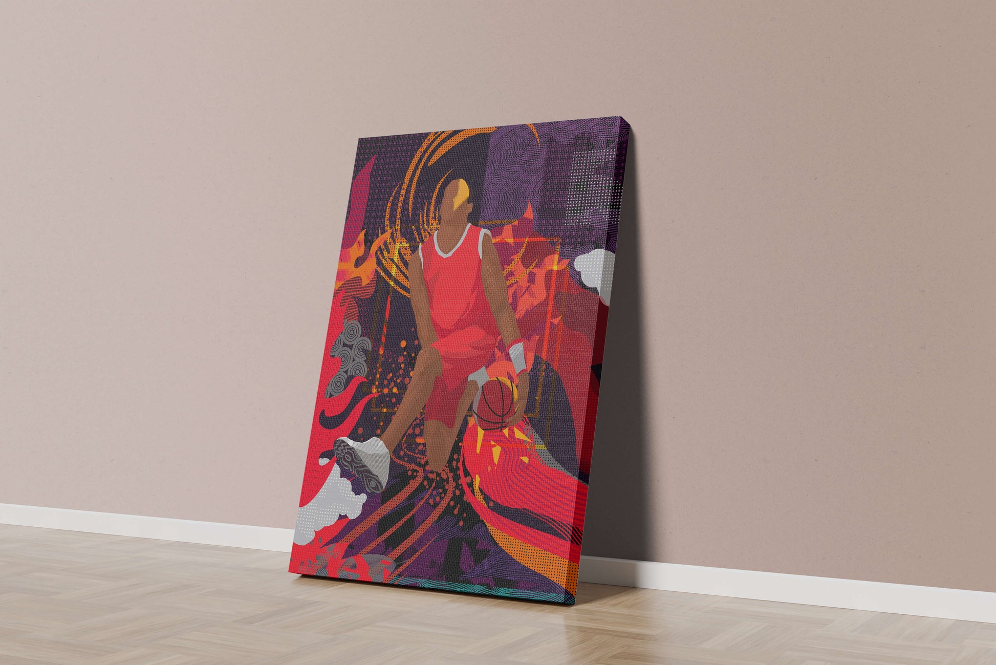 Dynamic illustration of a basketball player in motion with abstract patterns