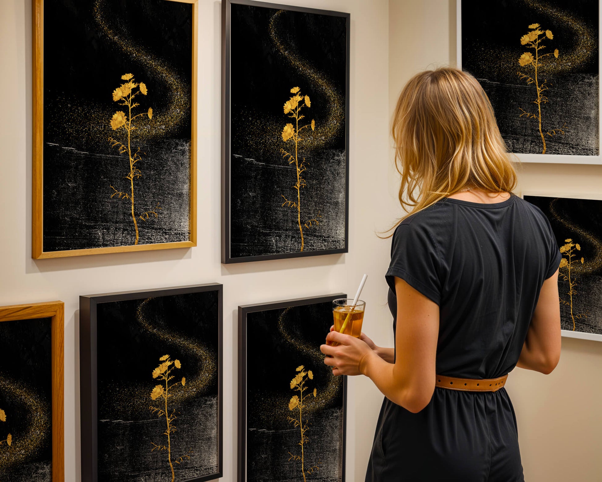Golden Flowers on Black Background with Sparkling Dust