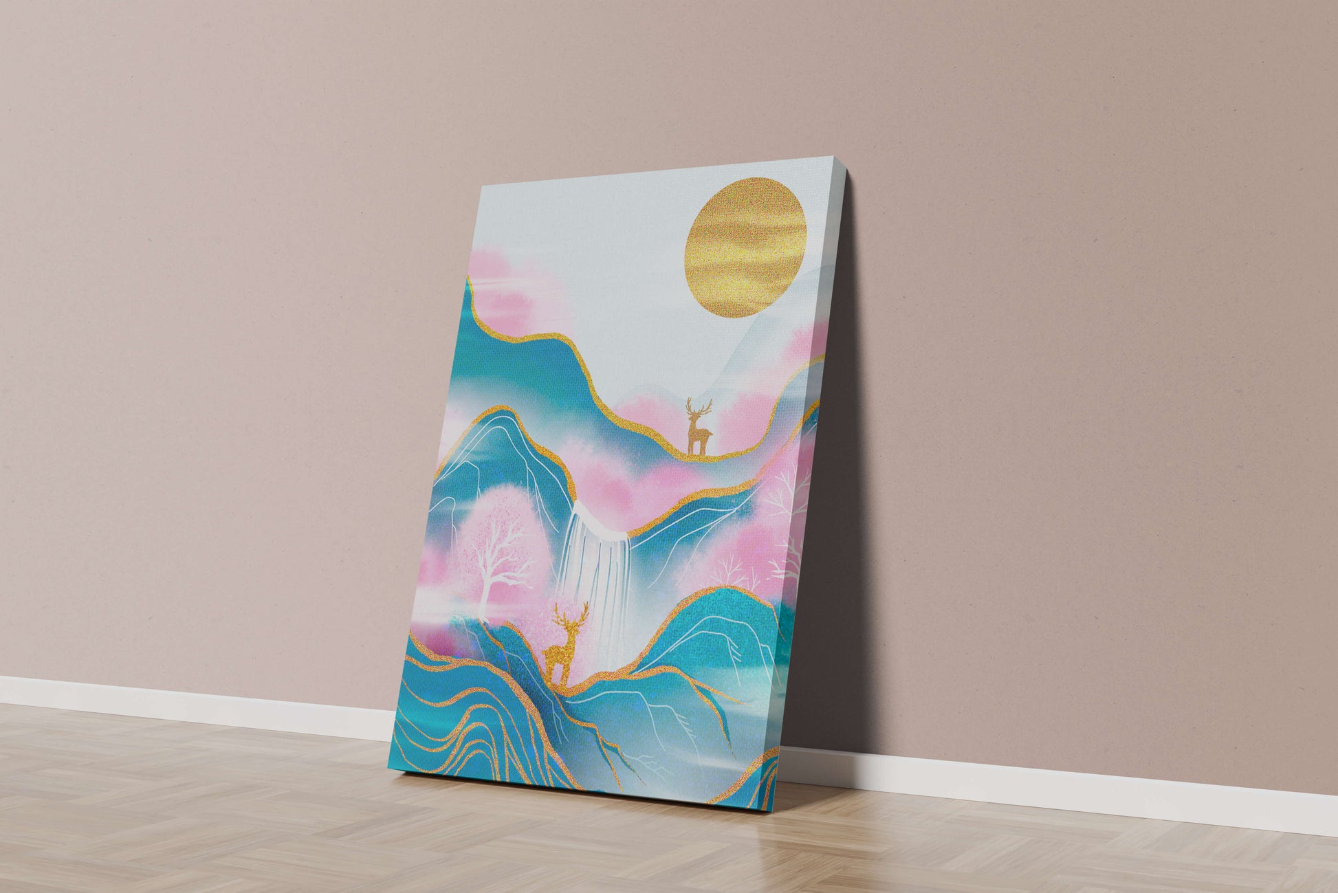 Golden deer in a pastel mountain landscape with pink skies