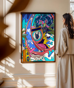 Vibrant abstract art with waves and neon elements