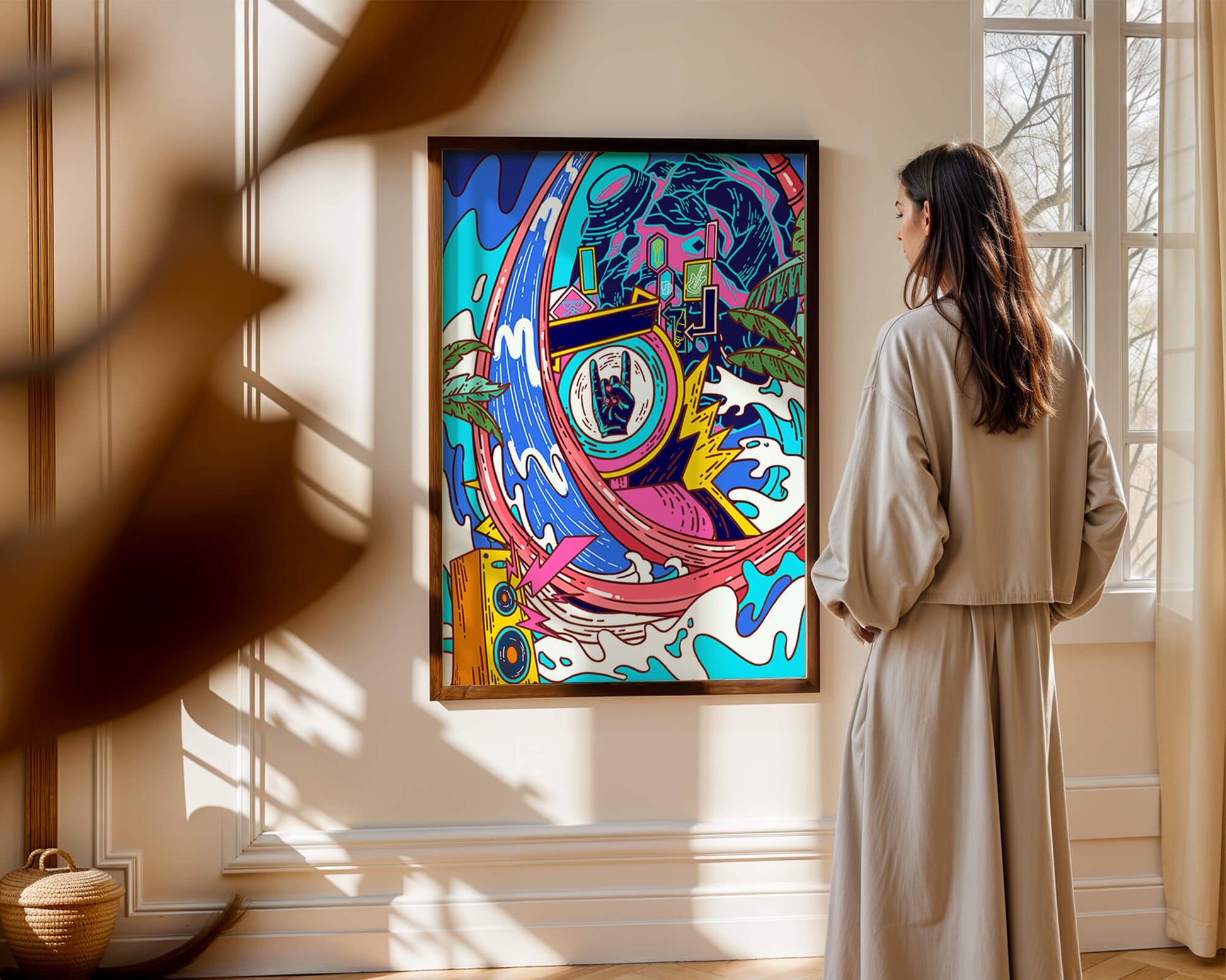 Vibrant abstract art with waves and neon elements