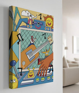 Colorful Cartoon Collage with Musical Elements and Smiling Faces