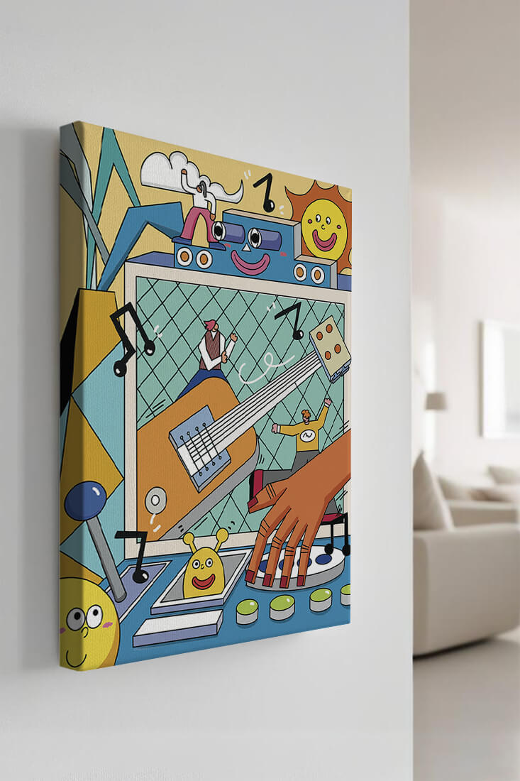 Colorful Cartoon Collage with Musical Elements and Smiling Faces