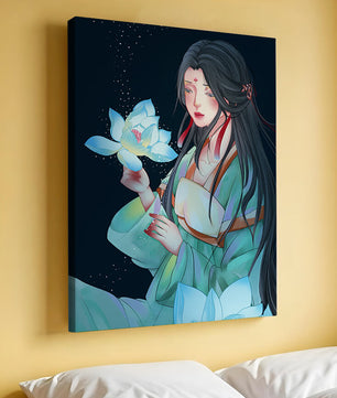 Elegant Woman Holding Glowing Lotus in Tranquil Nightscape
