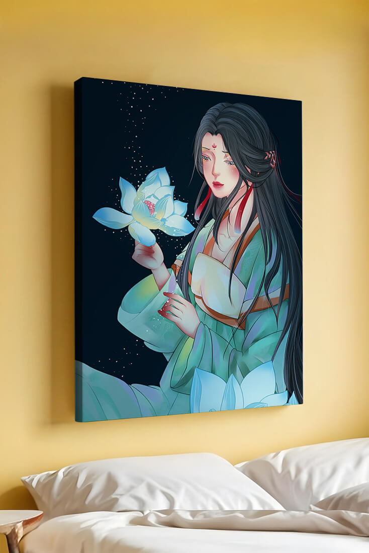 Elegant Woman Holding Glowing Lotus in Tranquil Nightscape