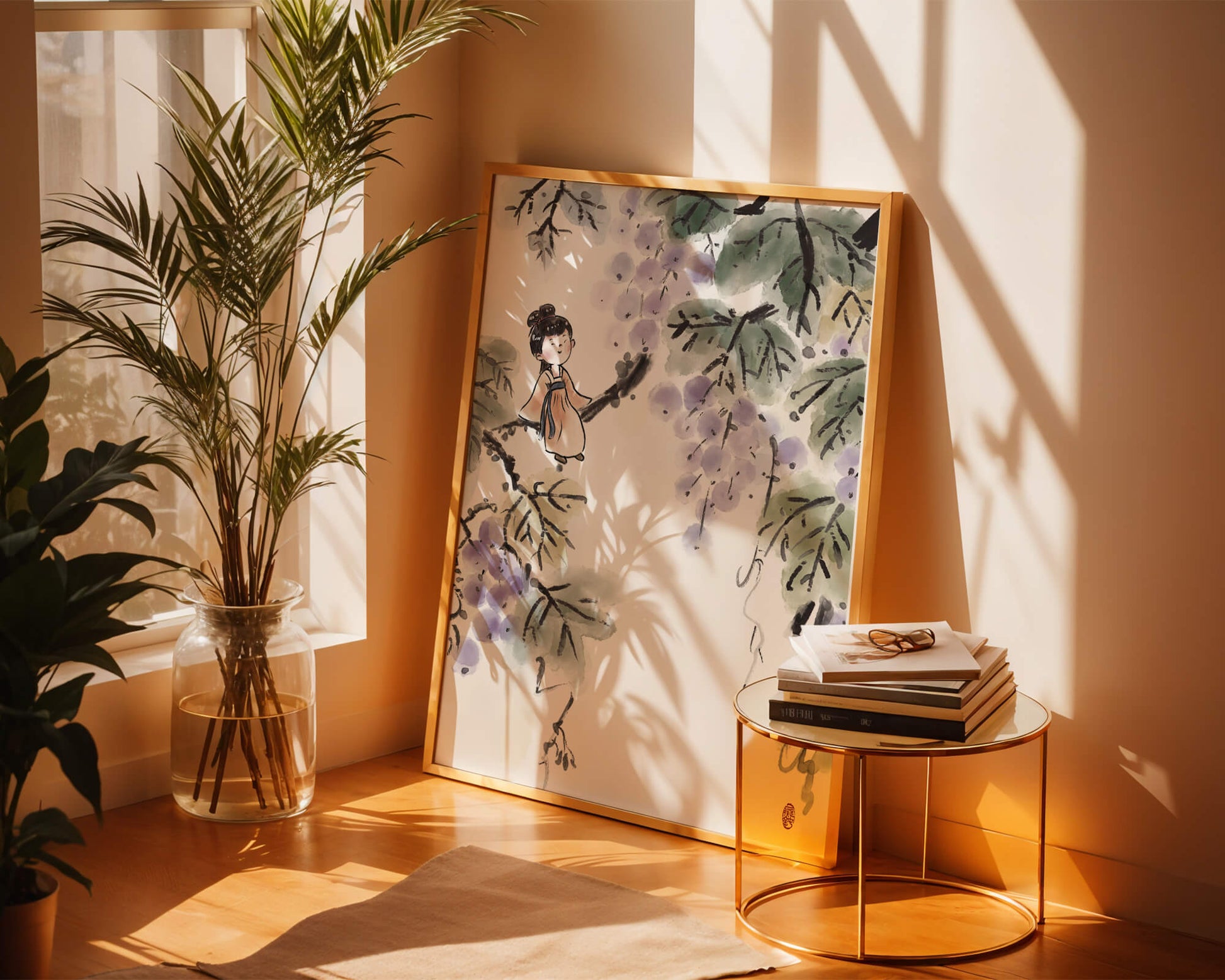 Una chica caprichosa sentada en una rama con bayas moradas y hojas verdes en estilo acuarela