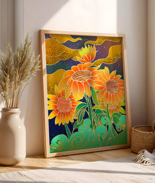 Vibrant sunflowers with intricate background patterns