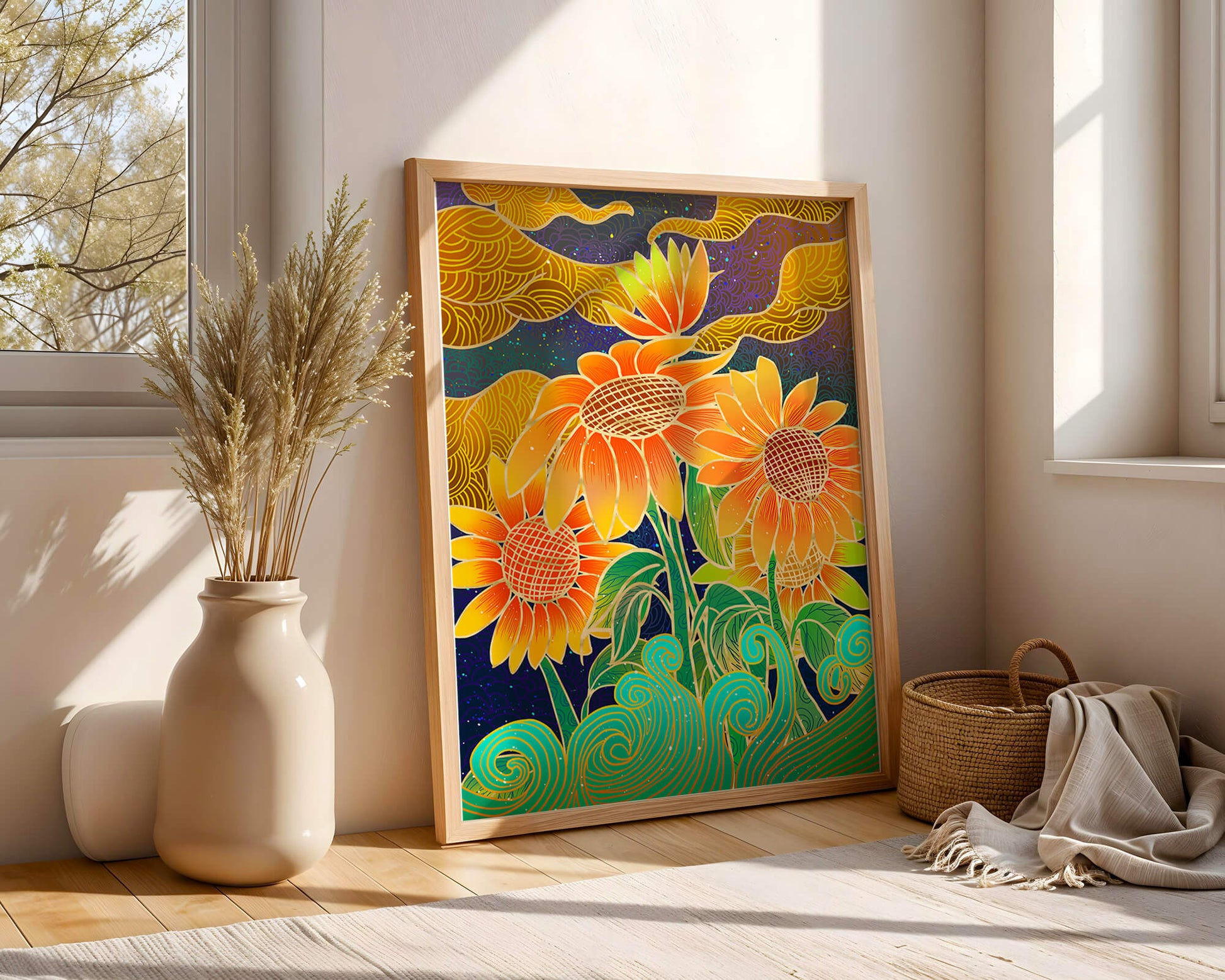Vibrant sunflowers with intricate background patterns