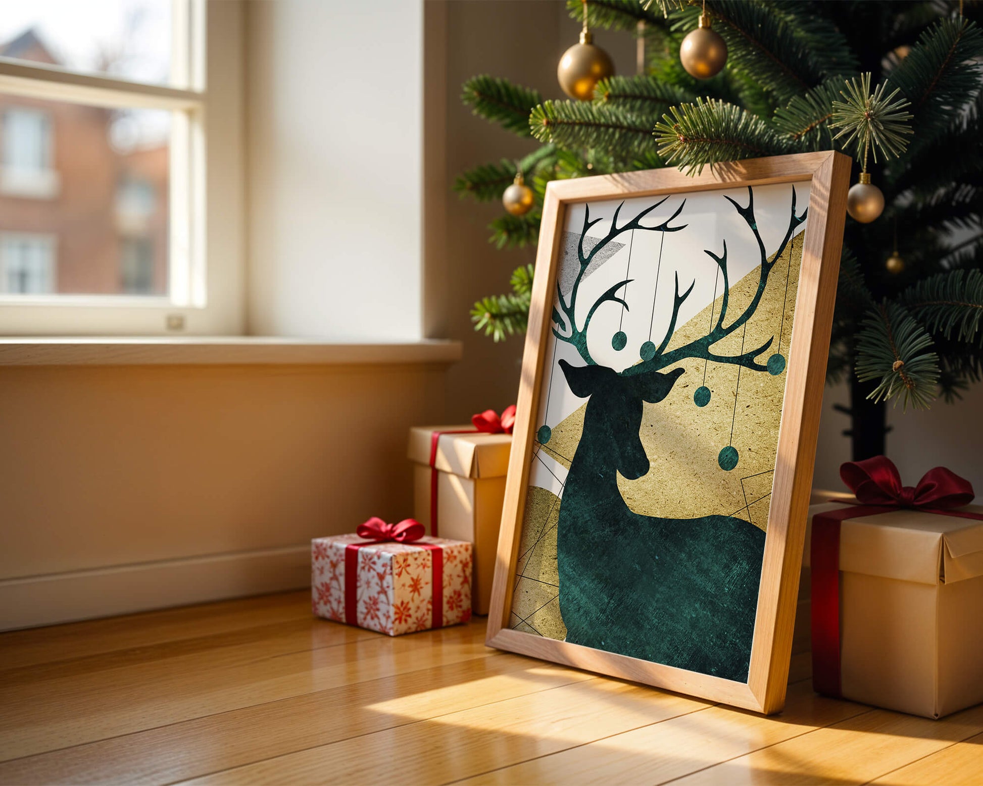 Silhouette of a Deer with Abstract Gold and Green Background