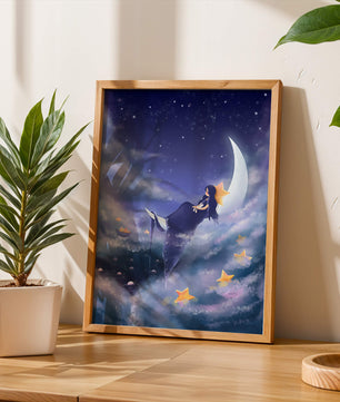 Cielo nocturno soñador con una niña sentada en una luna creciente rodeada de estrellas