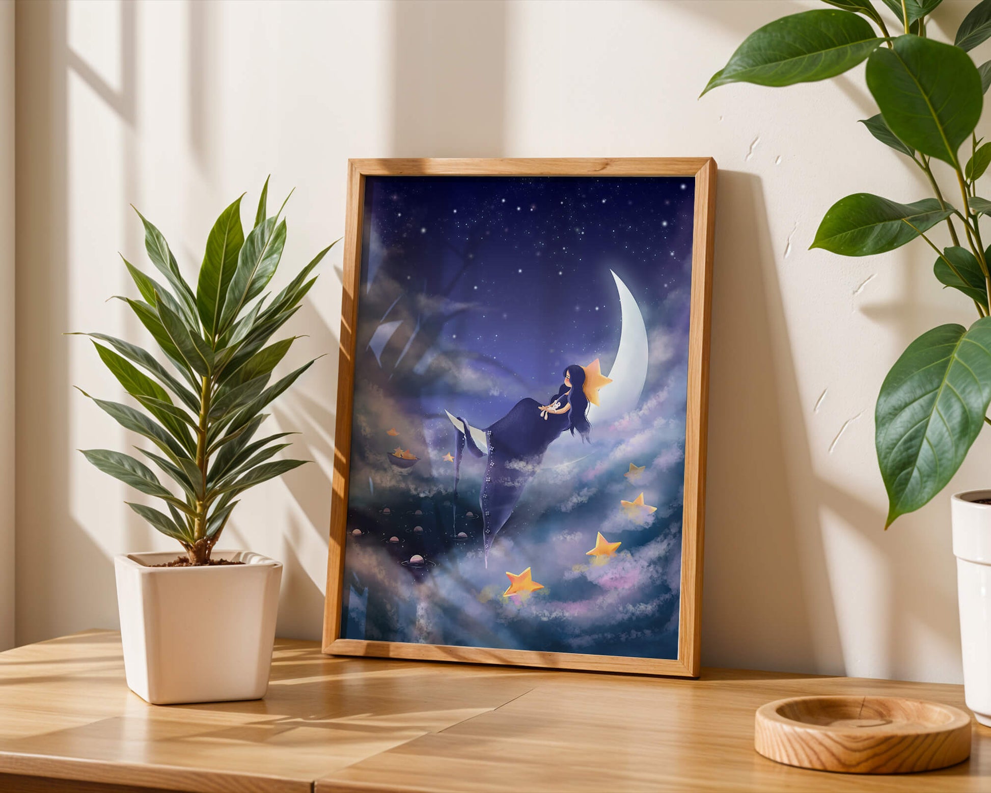 Dreamy night sky with girl sitting on crescent moon surrounded by stars