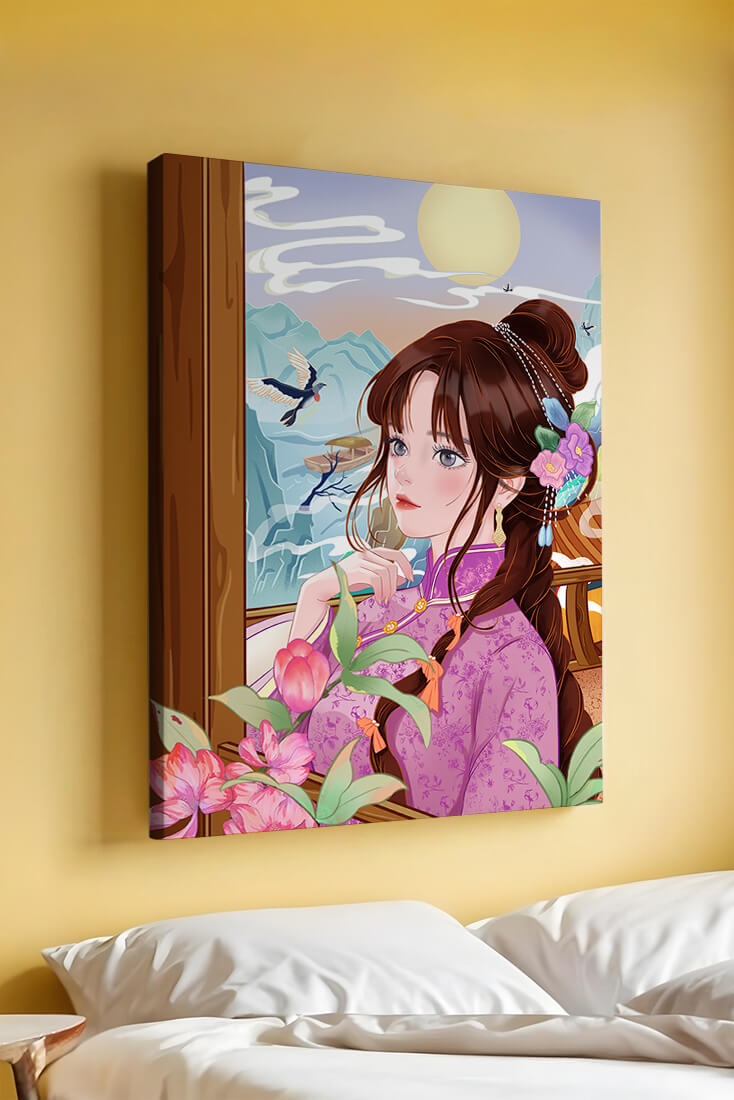 Serene landscape with a woman in traditional dress and mountain view