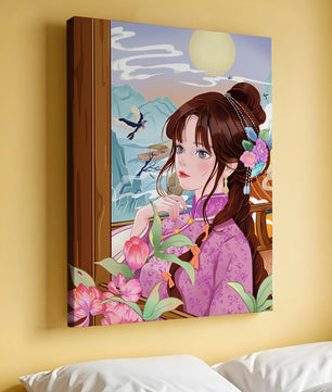 Serene landscape with a woman in traditional dress and mountain view