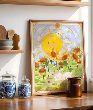 Ilustración encantadora de Aries con animales juguetones y girasoles