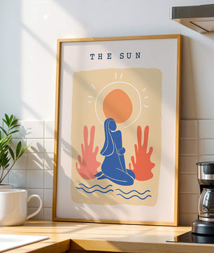 Modern abstract art poster featuring the sun and a serene figure in blue and coral tones - Mi tienda
