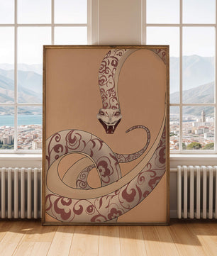 Elegant coiled snake with floral patterns in an artistic composition