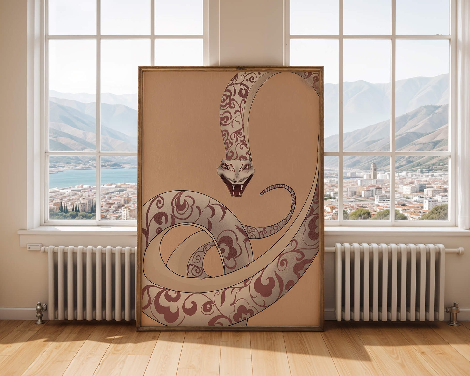 Elegant coiled snake with floral patterns in an artistic composition