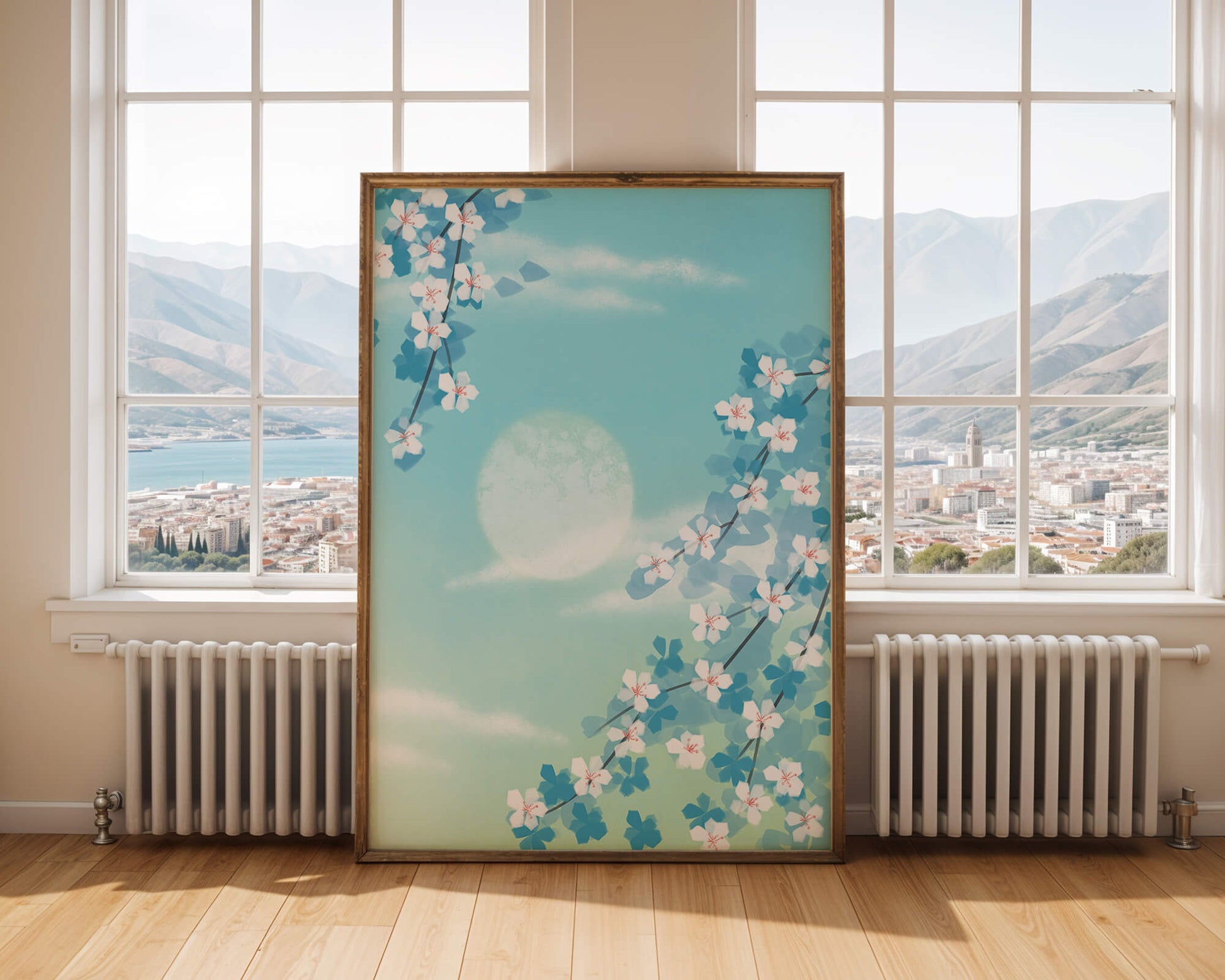 Serene spring blossoms against a pastel sky with gentle sunlight