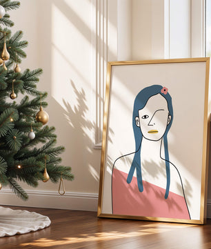 Abstract Portrait with Blue Hair and Floral Accent - Mi tienda