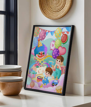 Colorful clown-themed children's party with balloons and toys