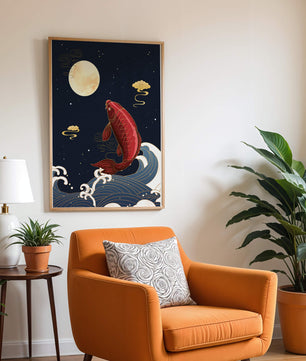Ilustración artística de peces koi saltando sobre las olas bajo la luz de la luna