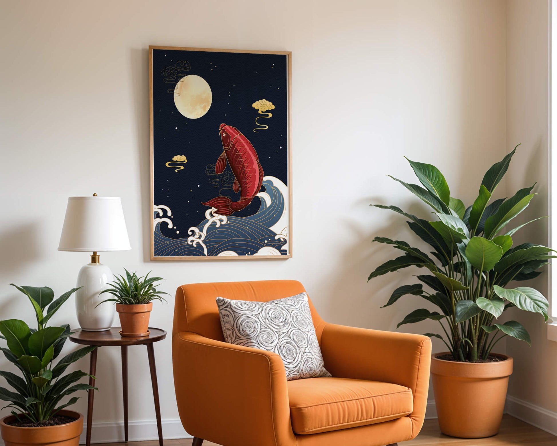 Artistic illustration of koi fish jumping over waves under moonlight