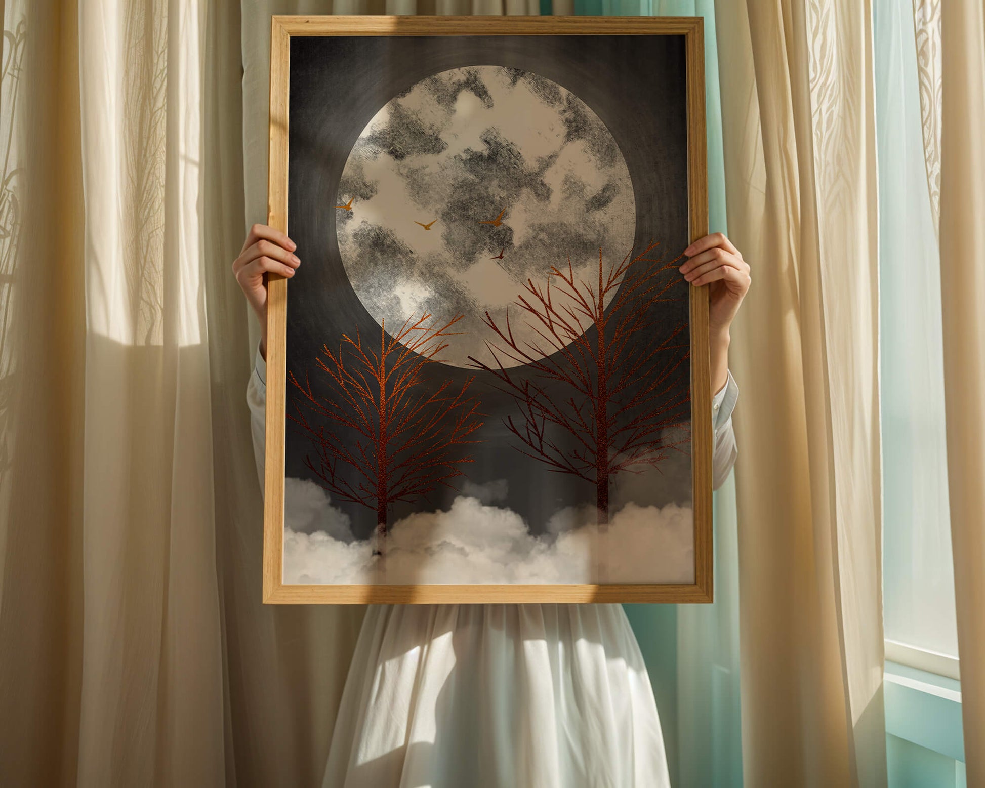 Surreal Night Scene with Trees and Golden Birds in Moonlight
