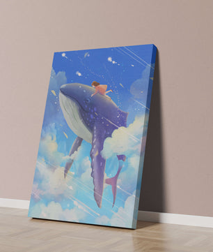 Illustration onirique d'une fille chevauchant une baleine à travers le ciel