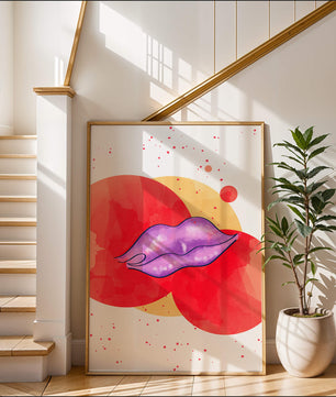 Vibrant Abstract Artwork Featuring Purple Lips on Watercolor Background