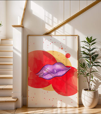 Vibrant Abstract Artwork Featuring Purple Lips on Watercolor Background