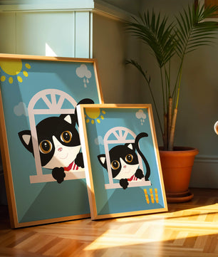 Charming black and white cat peeking through window under bright sun