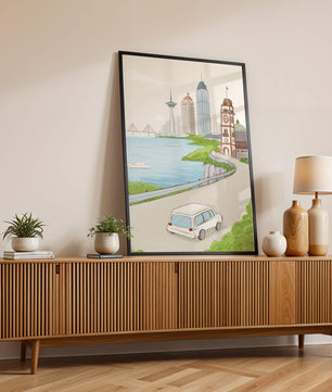 Scenic coastal cityscape with modern buildings and a classic clock tower