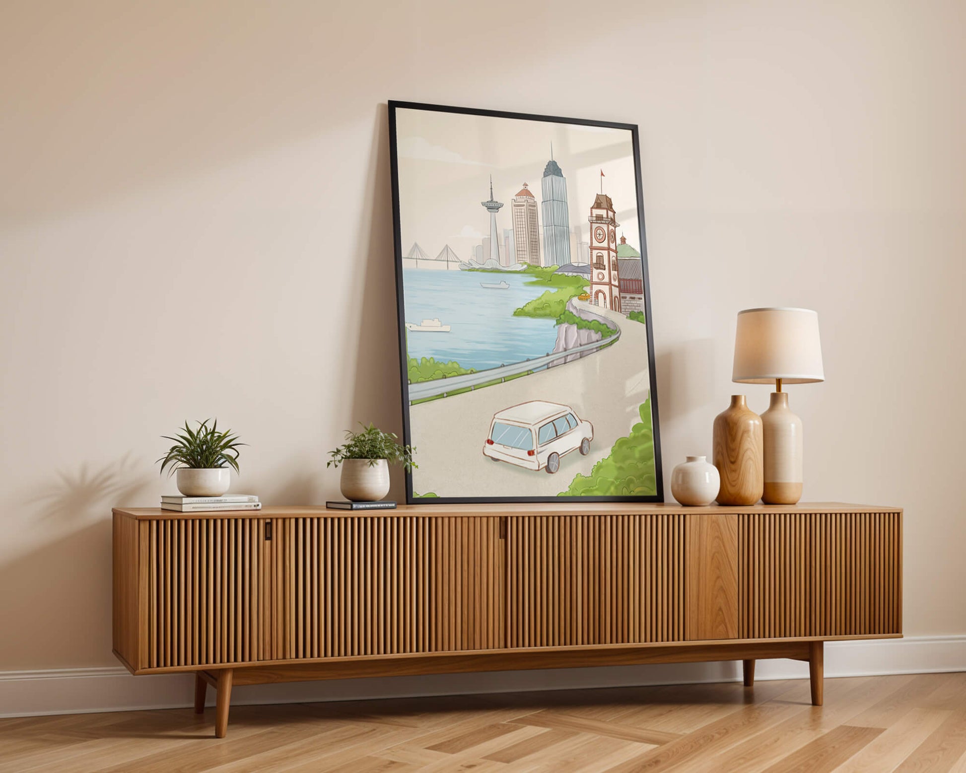 Scenic coastal cityscape with modern buildings and a classic clock tower