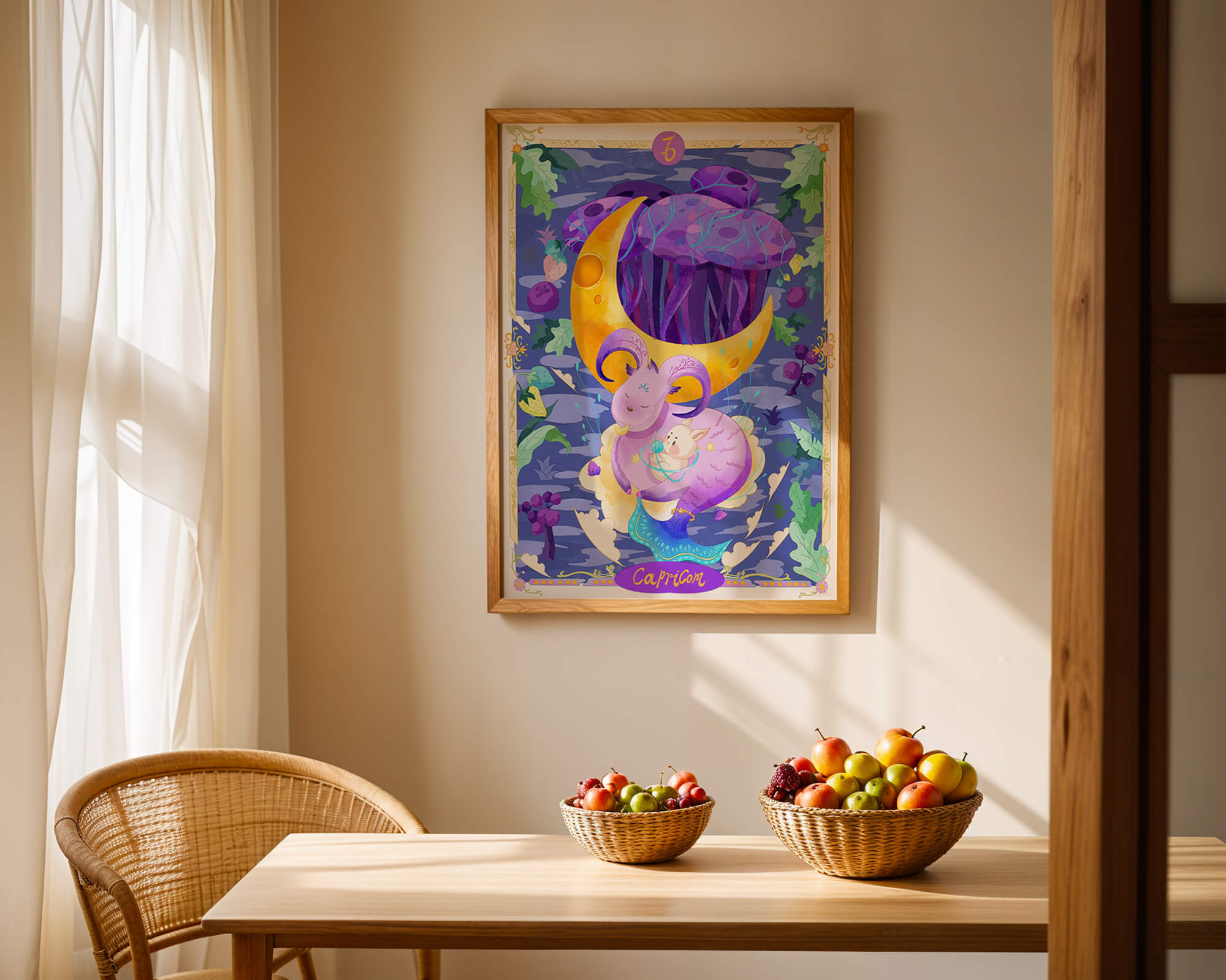 Colorful Capricorn zodiac illustration with fantasy elements