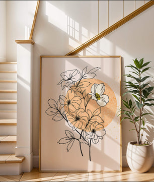Ilustración floral minimalista con tonos pastel y fondos abstractos