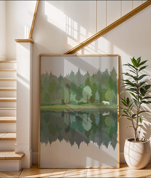 Forest landscape with a white horse and reflection in a tranquil pond