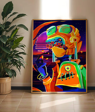 Vibrant futuristic illustration with a colorful character in helmet and flowers