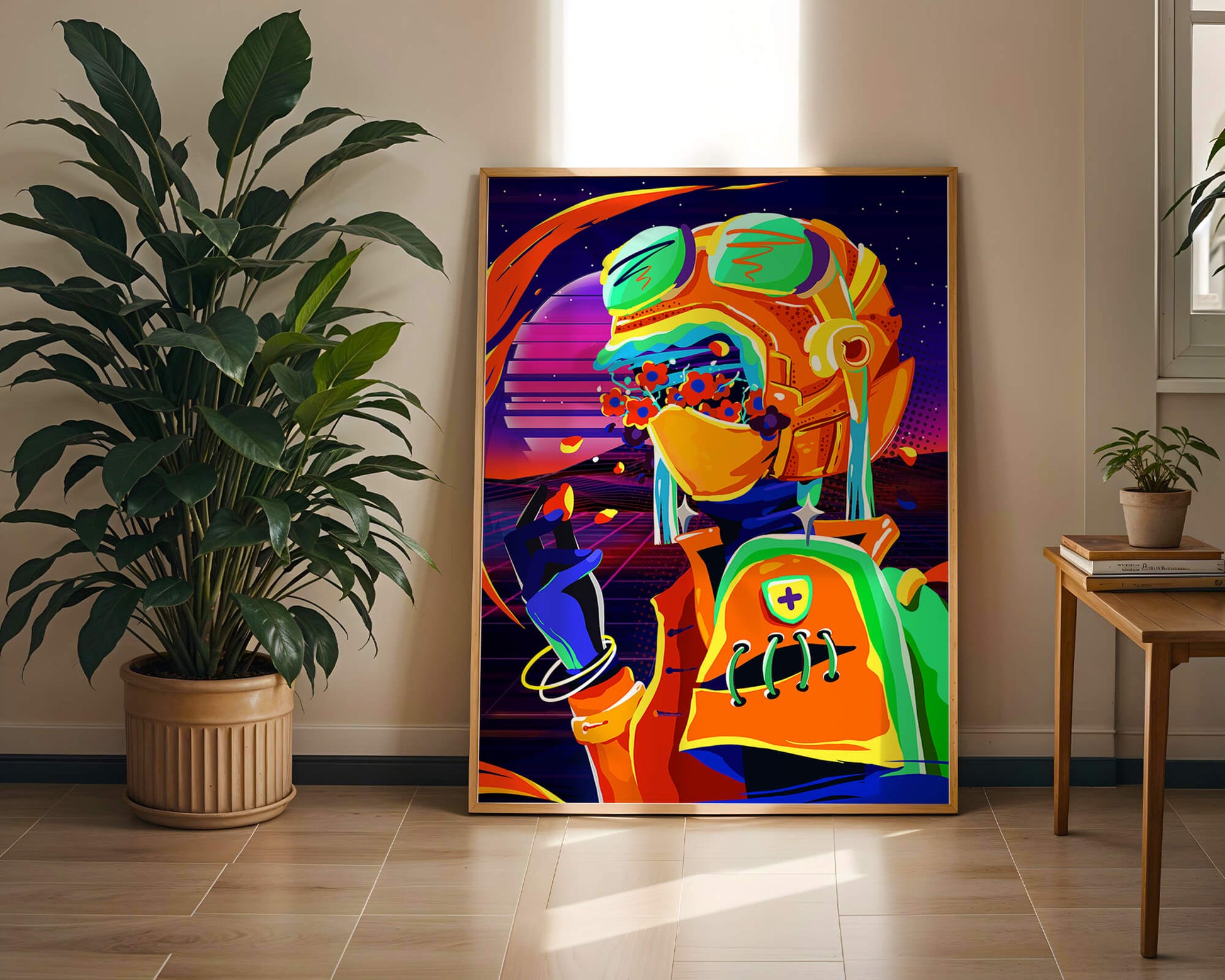 Vibrant futuristic illustration with a colorful character in helmet and flowers