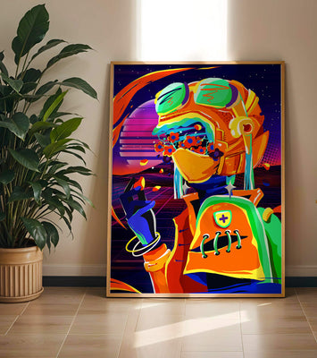 Vibrant futuristic illustration with a colorful character in helmet and flowers