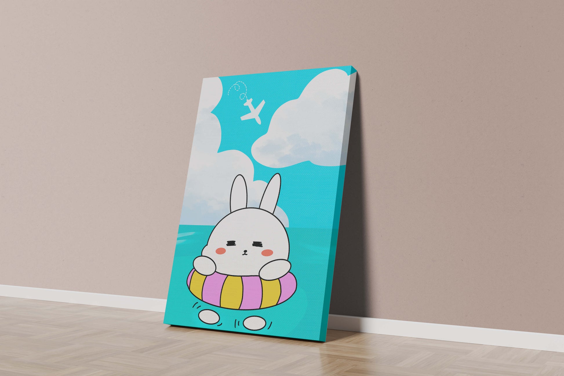Illustration of a cute bunny floating on a colorful inflatable in a blue ocean under a bright sky with an airplane