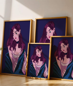 Illustration d'une fille élégante aux cheveux violets et à la veste bleue