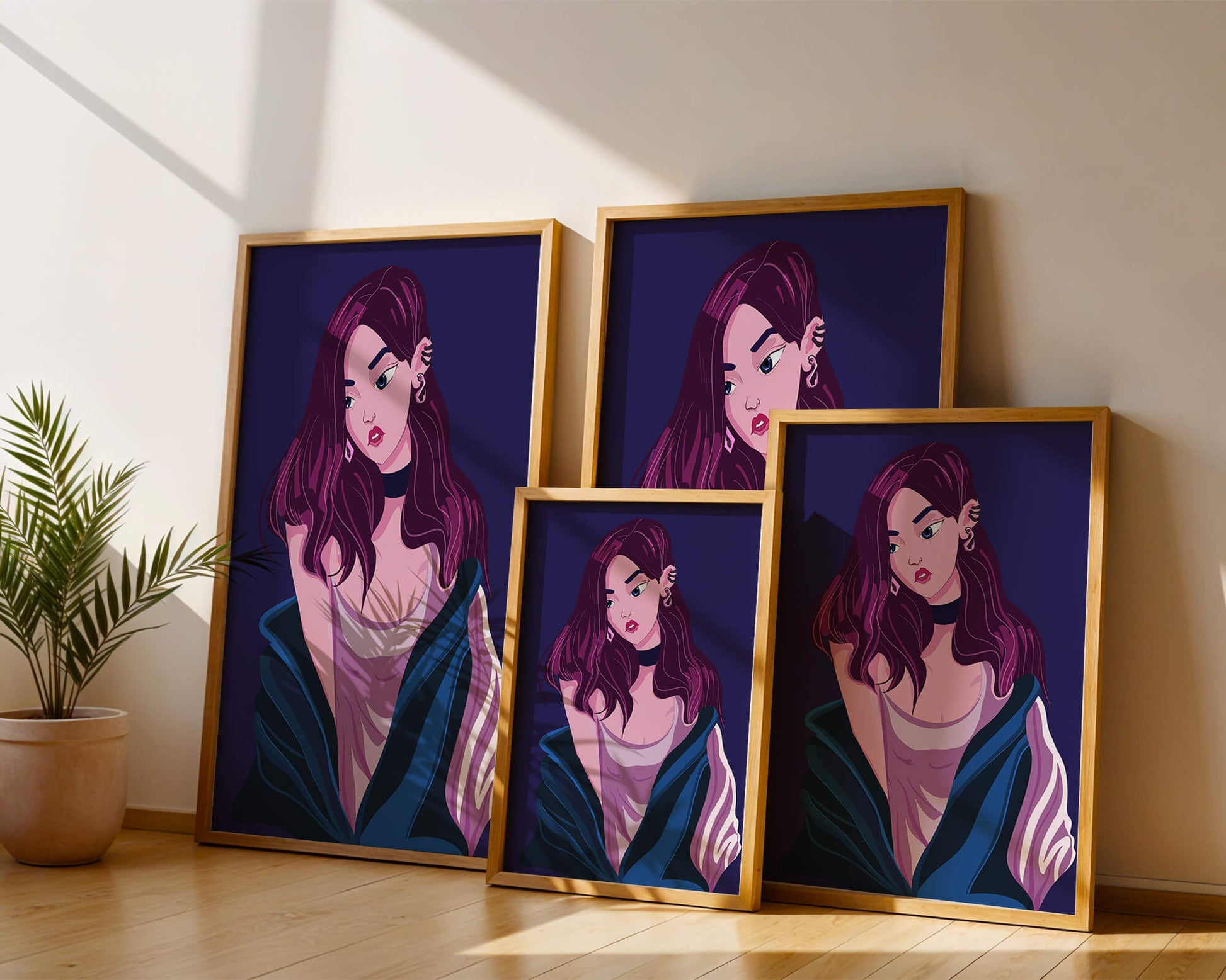 Stylish girl with purple hair and a blue jacket illustration