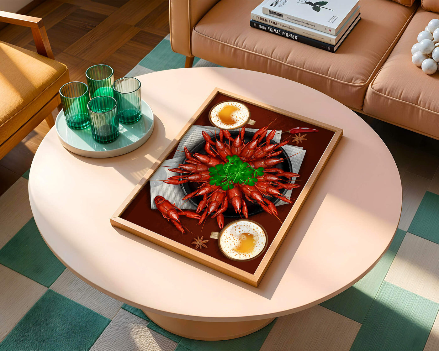 Gourmet seafood platter with crayfish and coffee cups