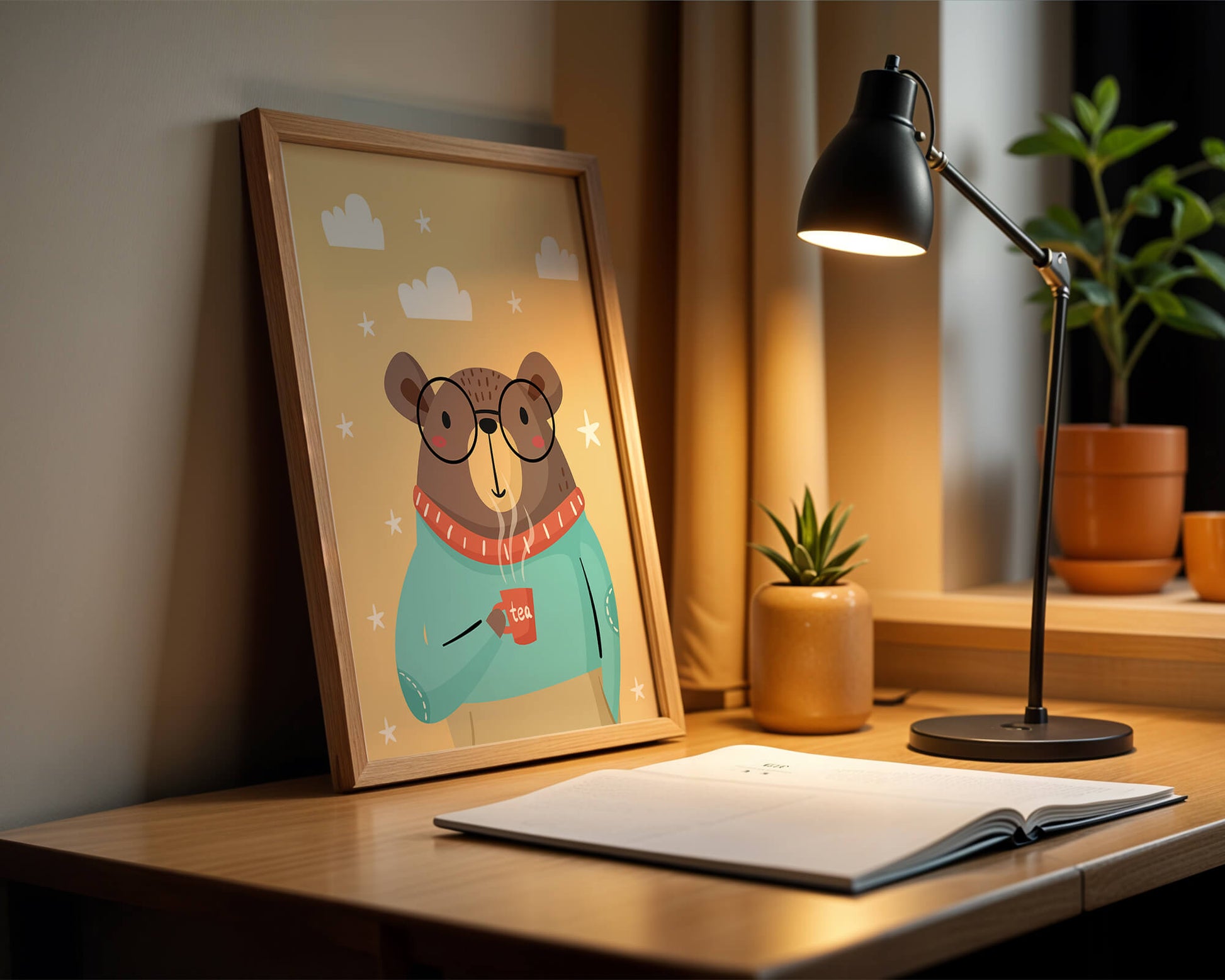 Illustration of a cozy bear enjoying tea with glasses