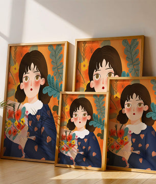 Ilustración encantadora de una chica con flores y corazones