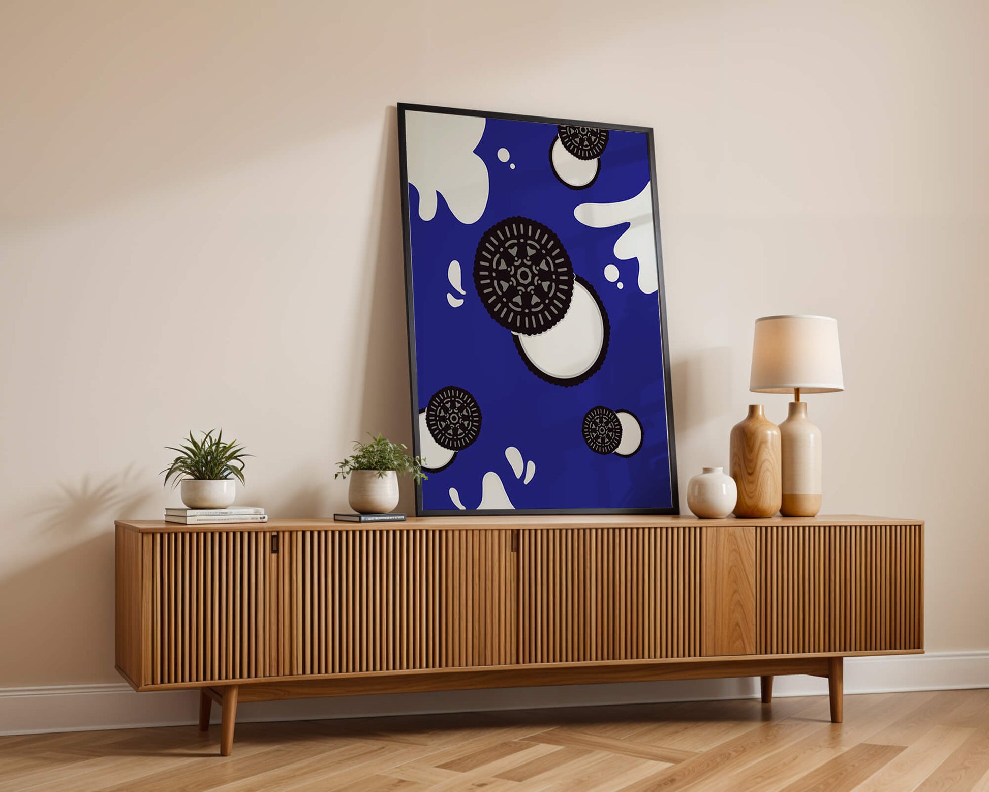 Graphic design featuring cookies and milk splashes on blue background