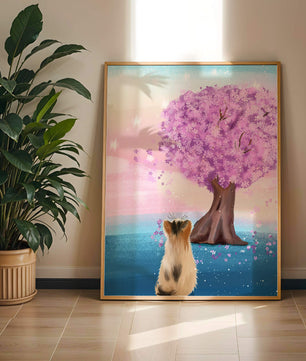 Serene scene with cat and blossoming cherry tree at sunrise