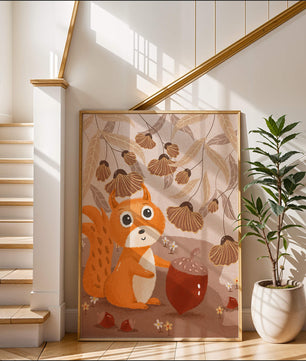 Orange Squirrel with Acorn in Autumn Forest